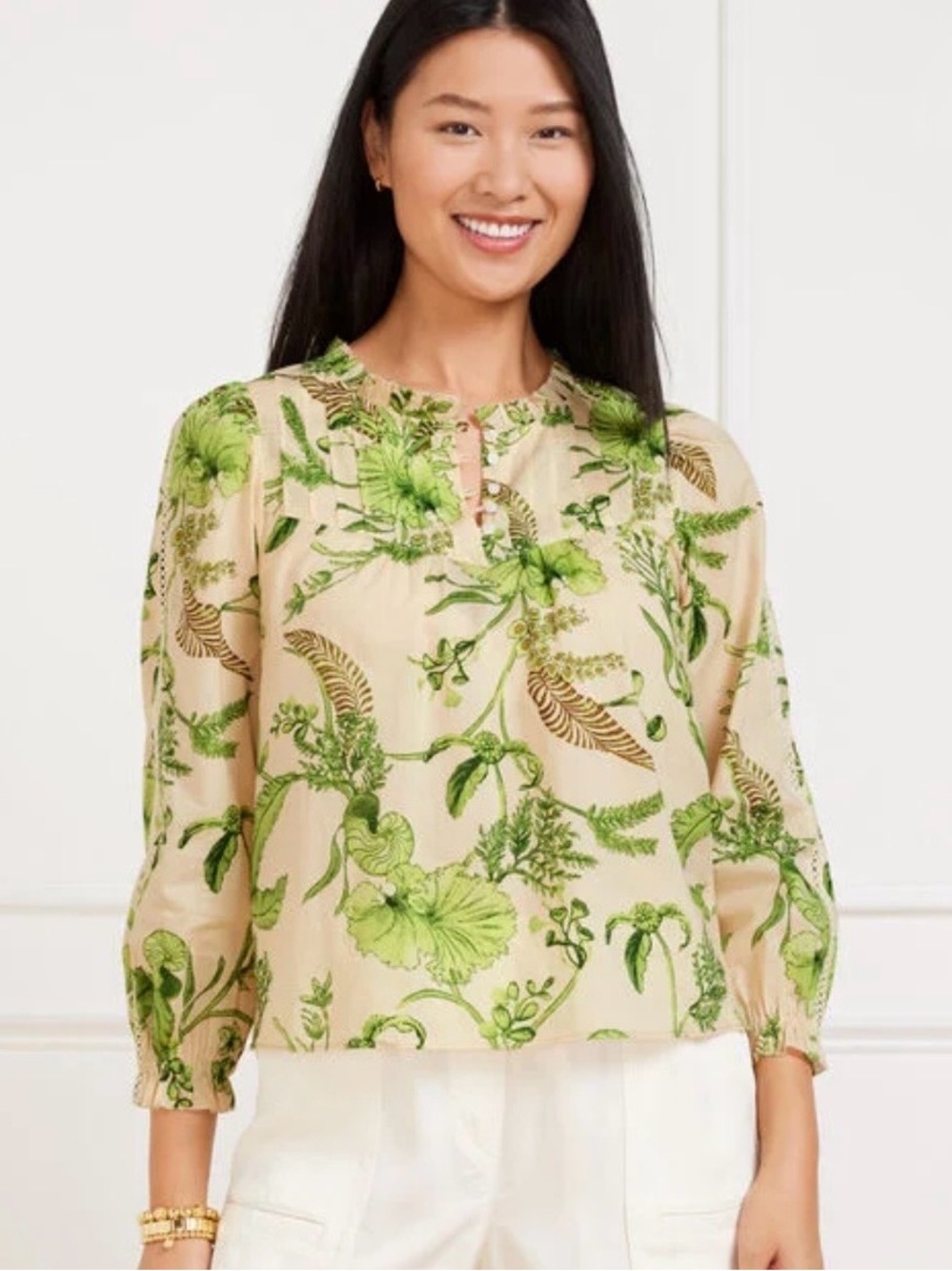 TALBOTS Lace Trim Pintuck Cotton Botanical Peasant Top In Branching Floral Sz M